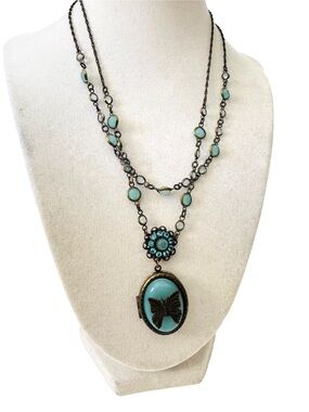 Vintage Nina Ricci AVON Blue Butterfly Locket Double Strand Necklace